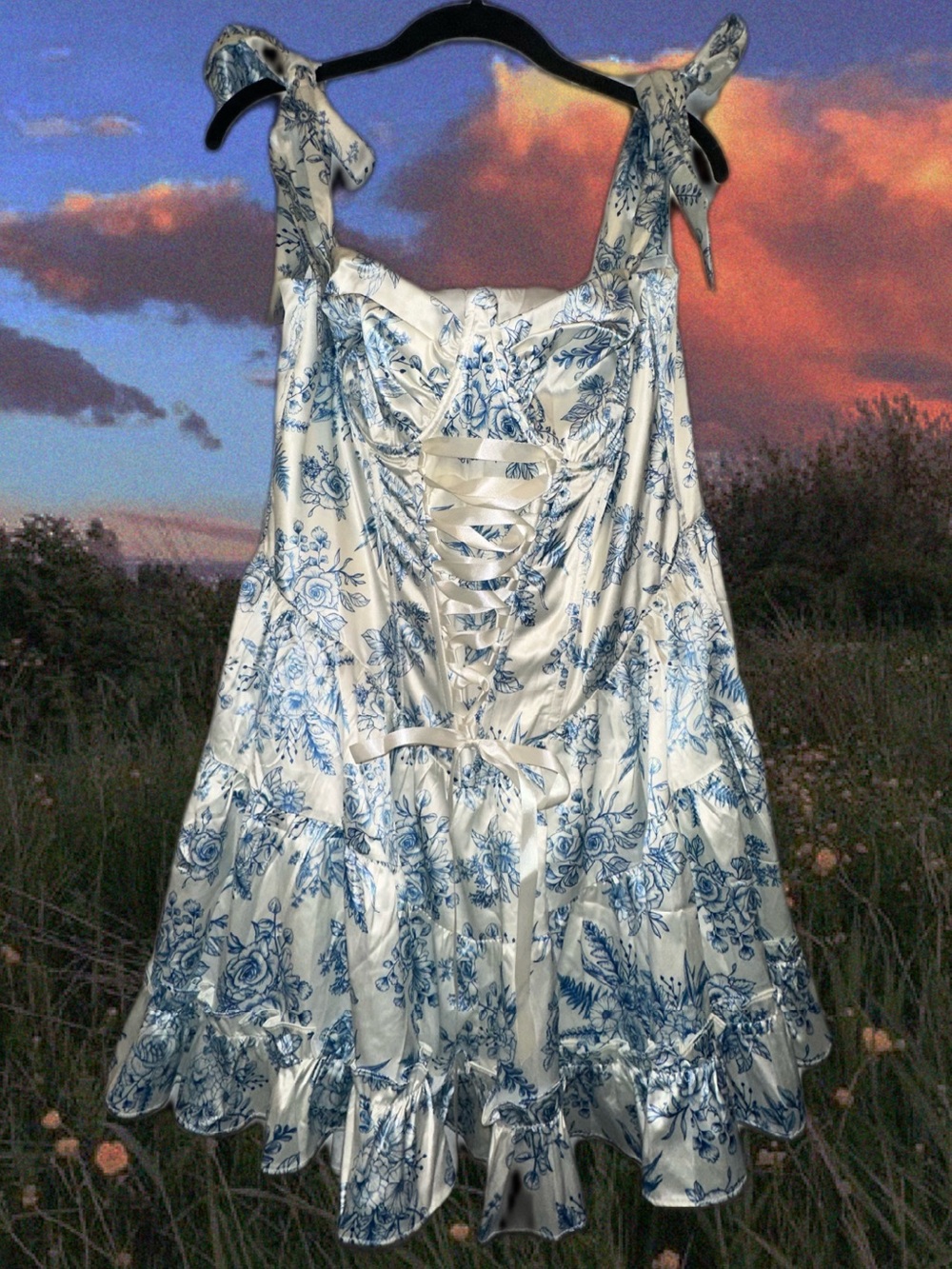 Sugar Thrillz - DollsKill Blue and White Floral Corset Lace-Up Mini Ruffle Dress